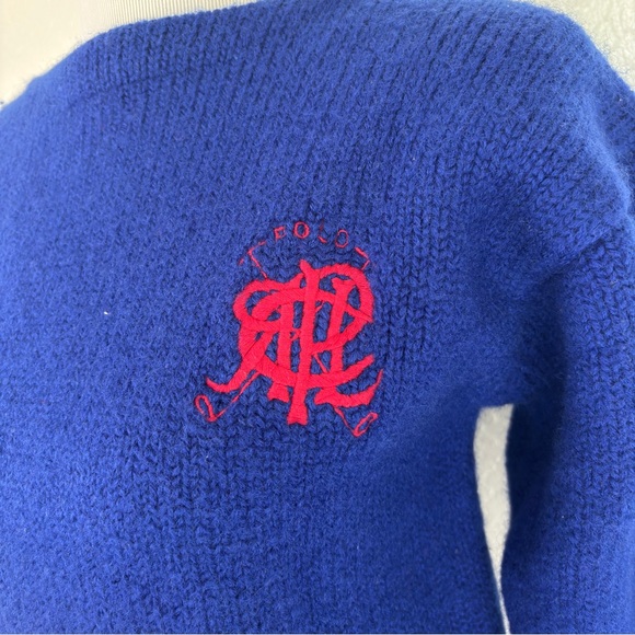 Vintage Ralph Lauren 100% Wool Knit Navy Blue Pullover Sweater Logo Crest - Picture 3 of 7